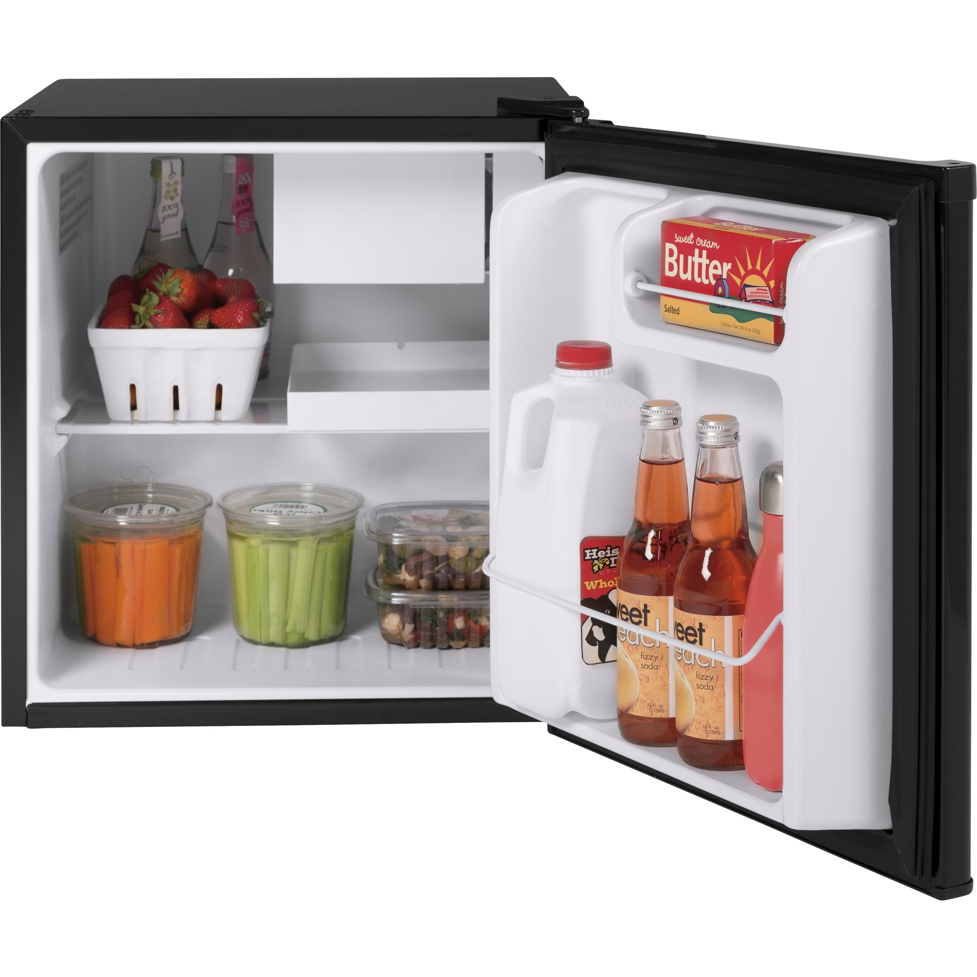 Compact black refrigerator with organized interior holding fresh vegetables, beverages, and dairy in kitchen appliances collection