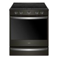 Black Whirlpool slide-in electric range with control knobs and large oven door for kitchen and home improvement use