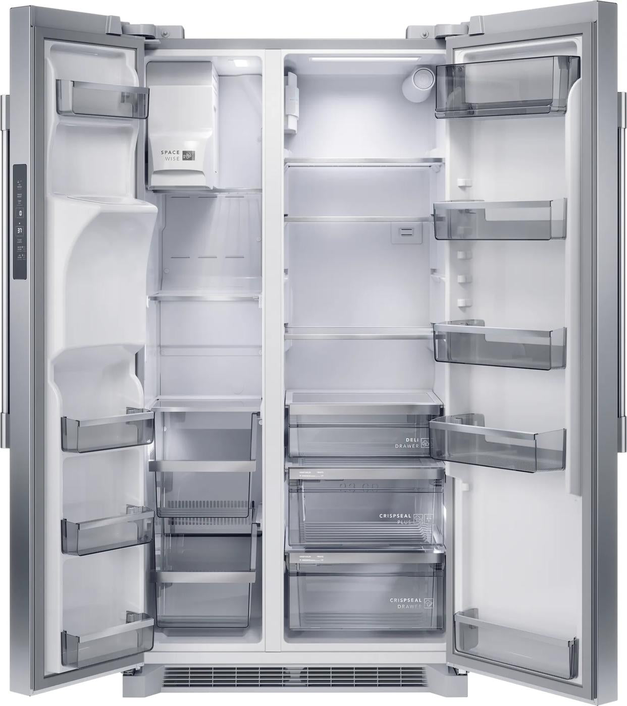 Open stainless steel side-by-side refrigerator with adjustable shelves and CrispSeal® crisper drawers from appliances collection