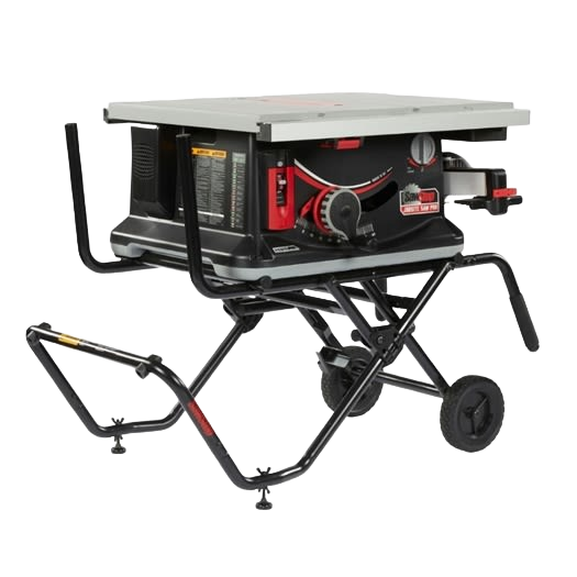 Compact jobsite saw with mobile cart, designed for woodworking power tools and professional home improvement tasks