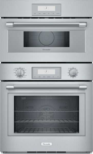Professional stainless steel combination wall oven with digital display and dual cooking compartments from Thermador collection