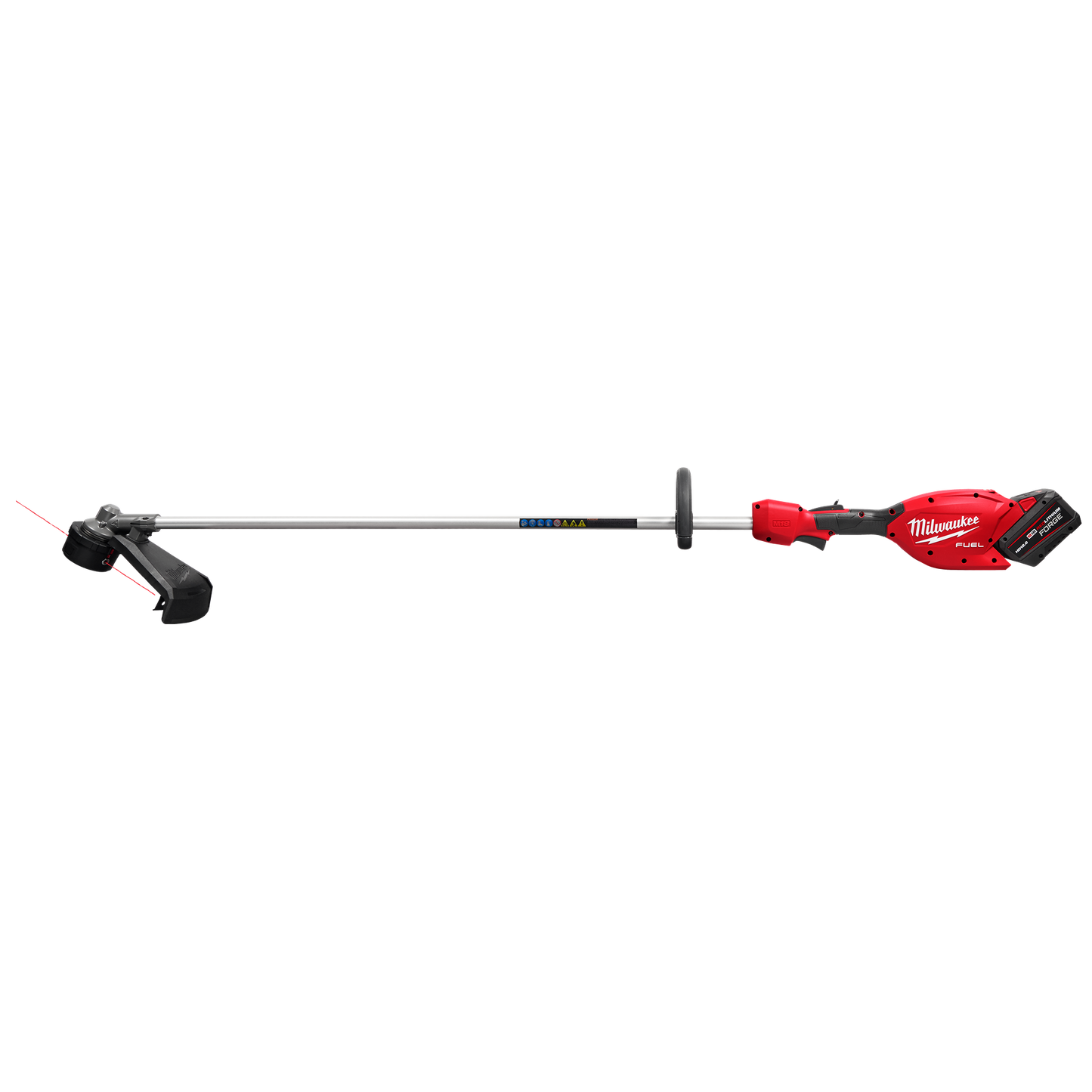 Cordless red and silver string trimmer with metal shaft and ergonomic handle for outdoor tools and home improvement tasks