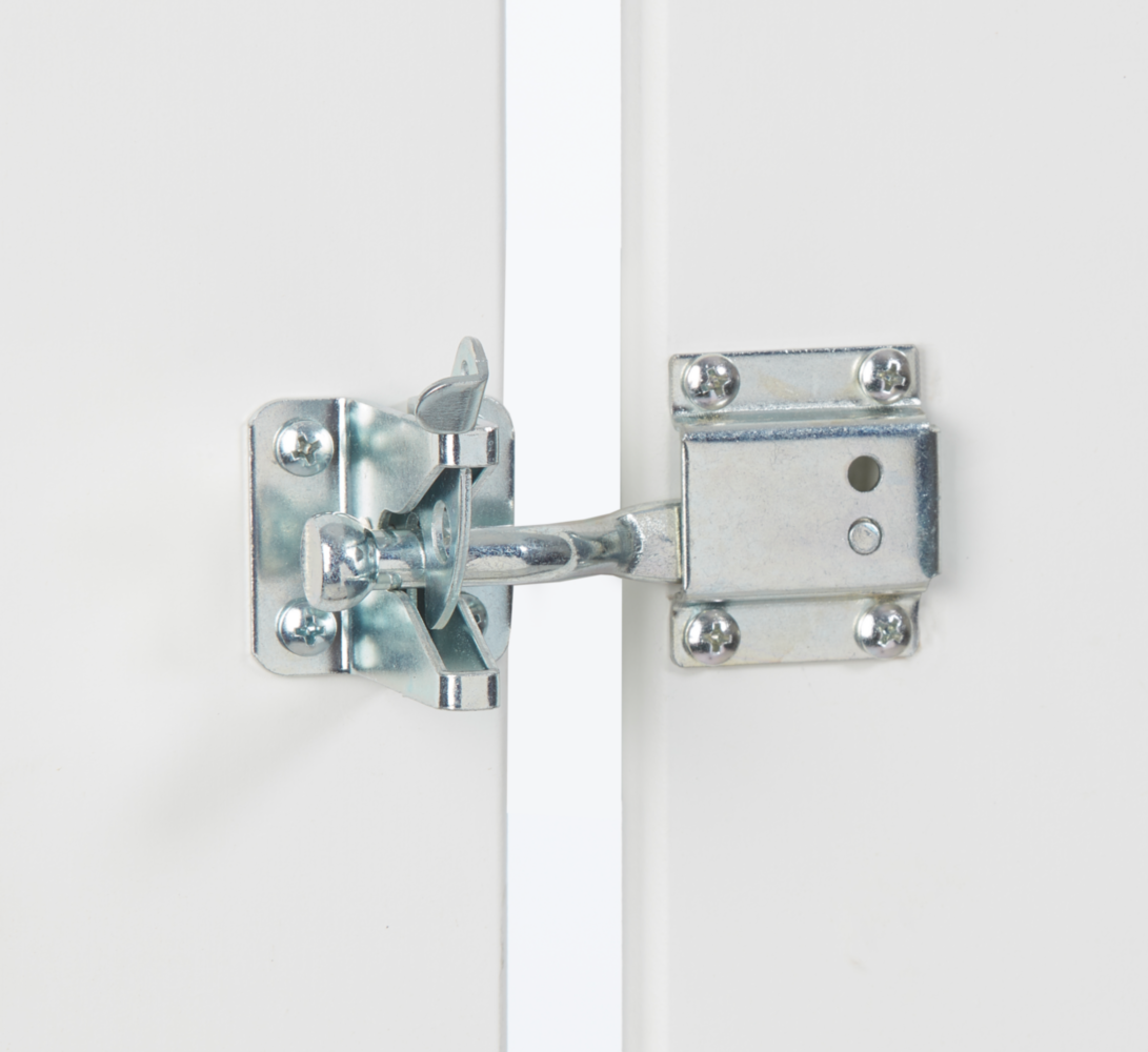 Zinc adjustable latch with floating bar mounted on white cabinet door for furniture hardware and home improvement