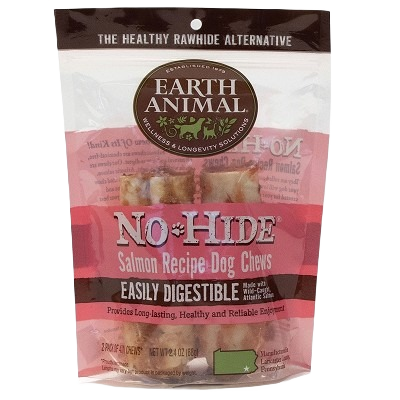 Earth Animal dog chews in salmon flavor, small size, 2-pack in resealable packaging for pet treats
