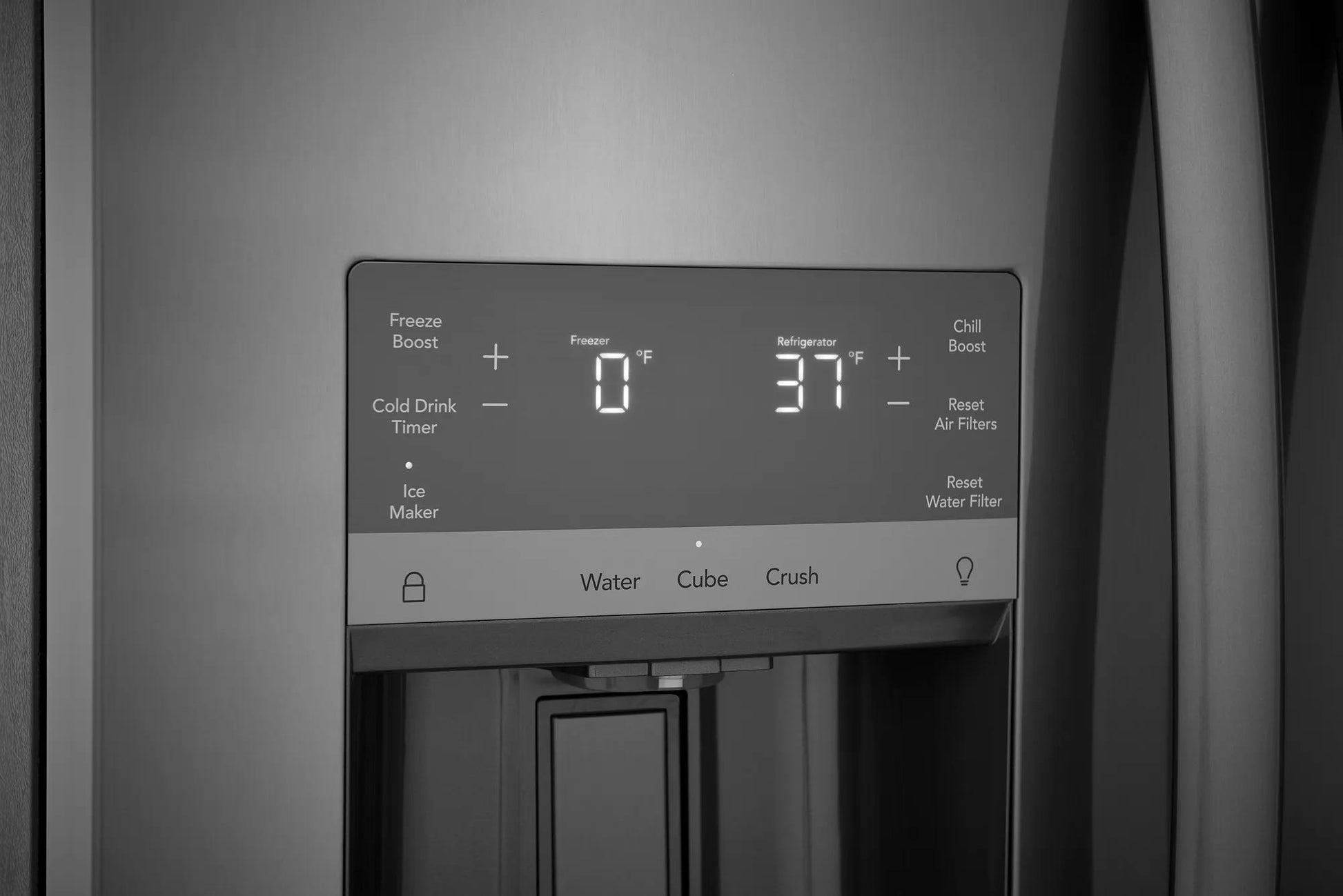 Stainless steel refrigerator water and ice dispenser with digital temperature and control panel in Appliances collection