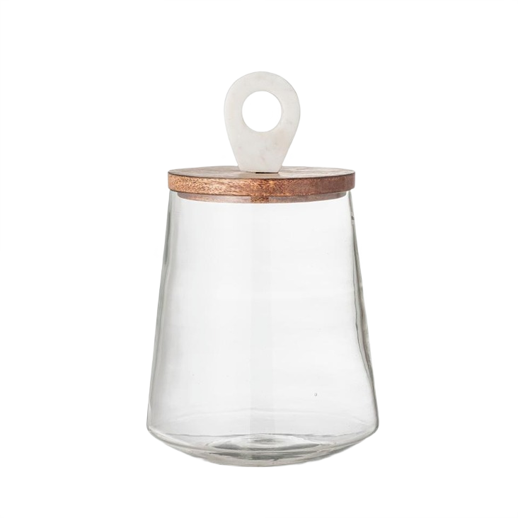Clear glass jar with wooden lid and loop handle, stylish addition for home accents and decor under $100 collections