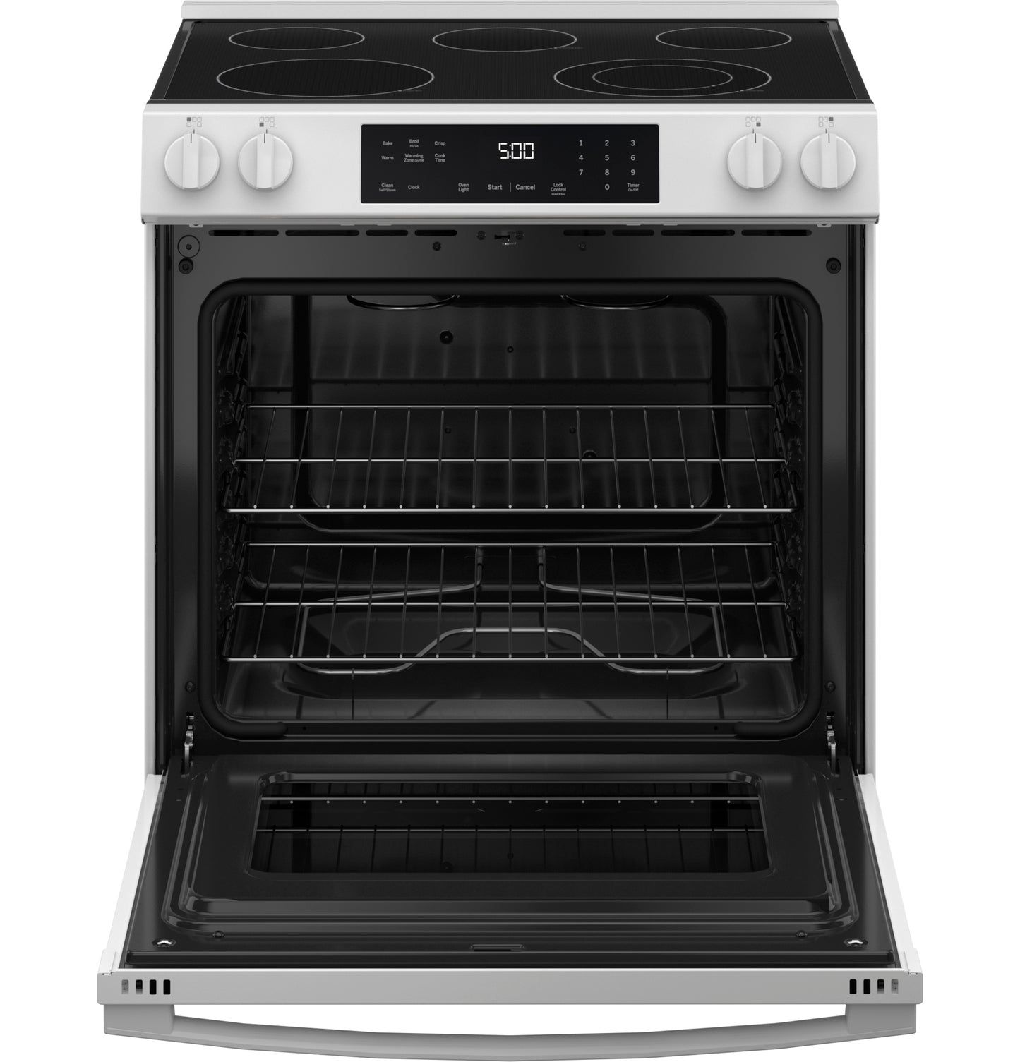 Front view of open electric range with glass cooktop, digital control panel, and two oven racks from Ranges collection
