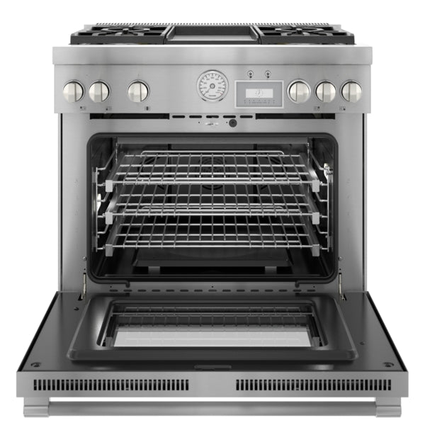 Front view of stainless steel gas professional range with open oven door and burner control knobs in kitchen appliances collection