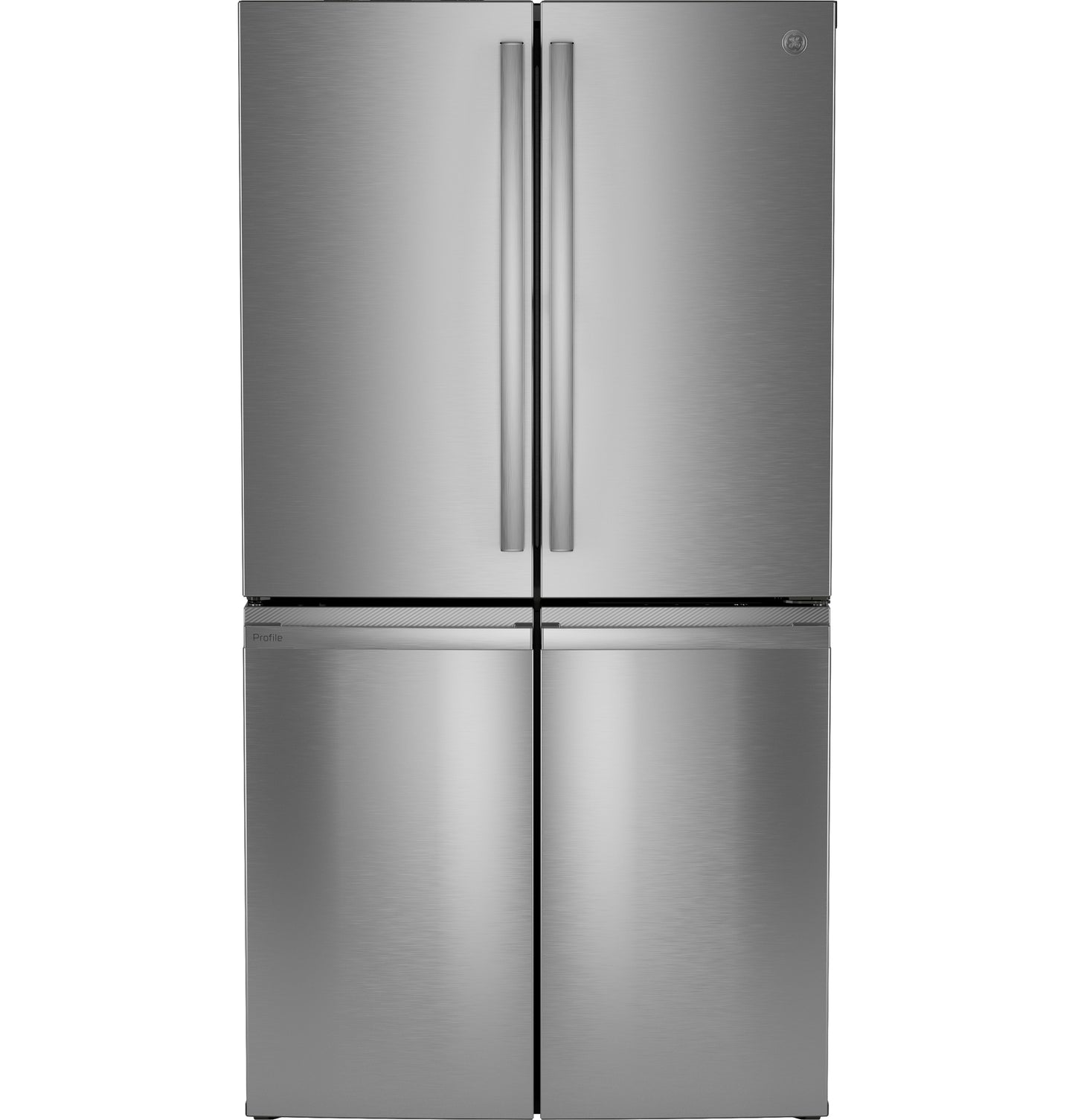 Counter-depth stainless steel quad-door refrigerator with sleek vertical handles in kitchen appliances collection