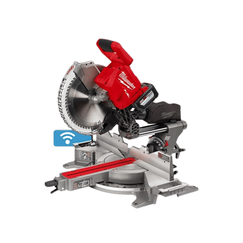 Red and silver cordless sliding compound miter saw with digital bevel adjustment for home improvement projects