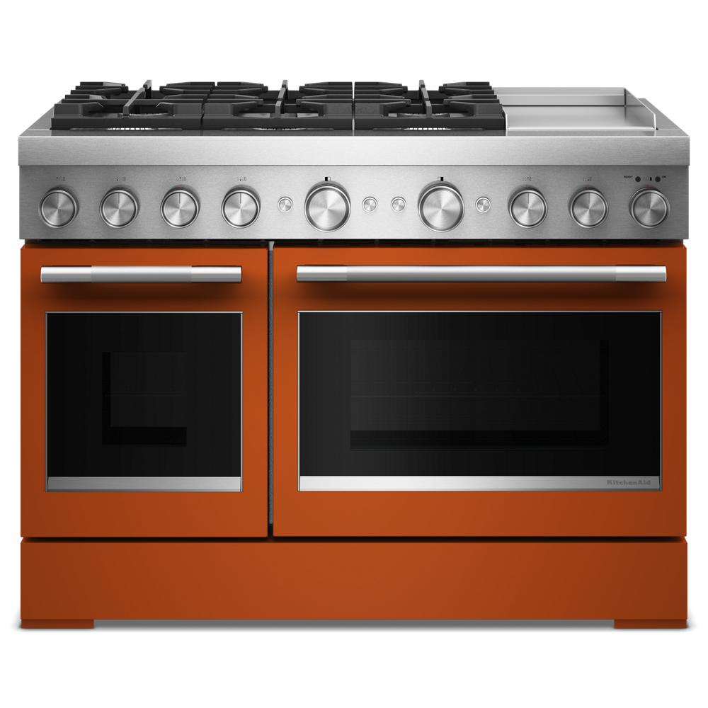 48-inch orange dual fuel range with six gas burners, chrome griddle, and electric double oven in KitchenAid appliances collection
