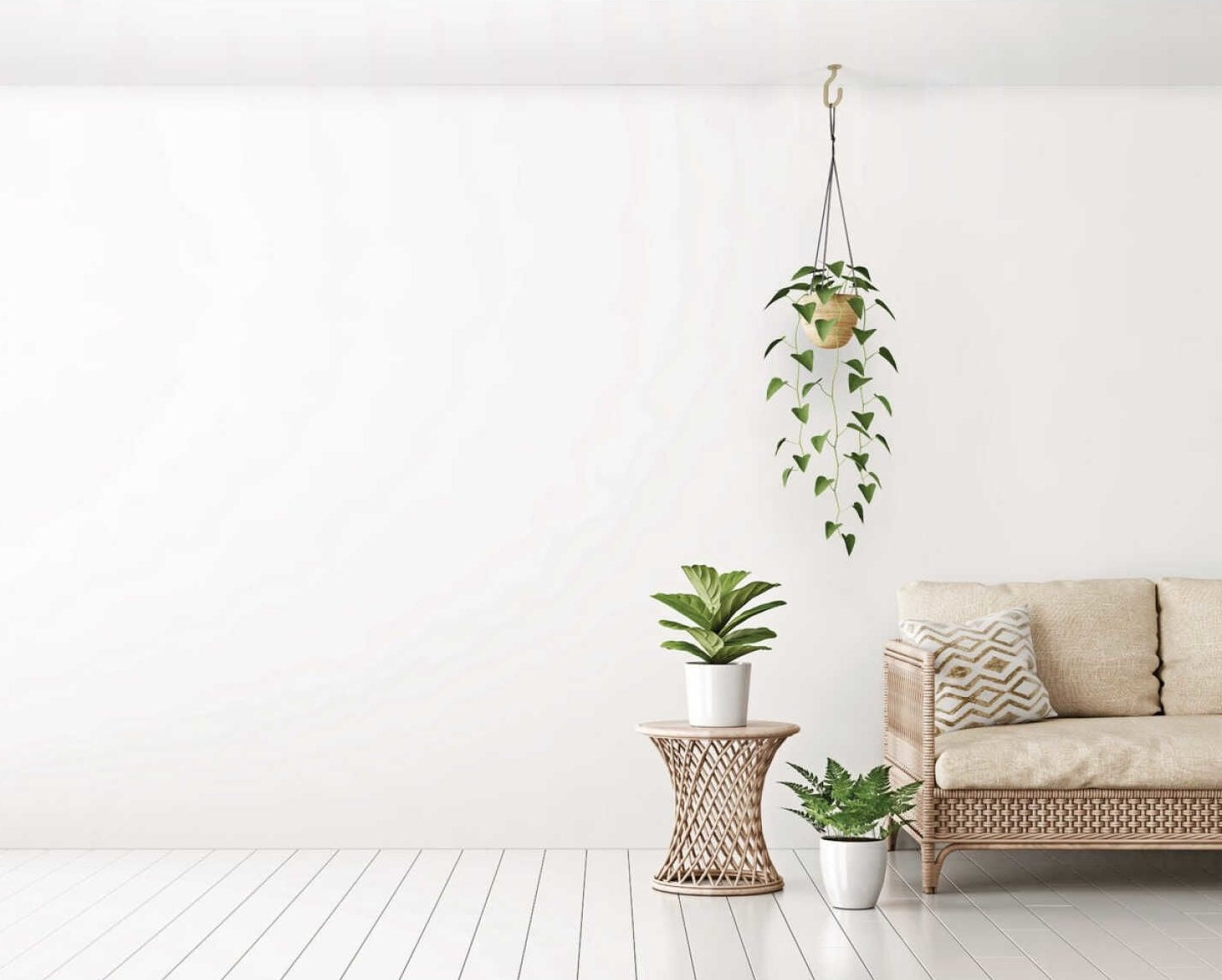 Modern brushed gold steel ceiling J-hook holding a hanging plant in a minimalist home decor setting