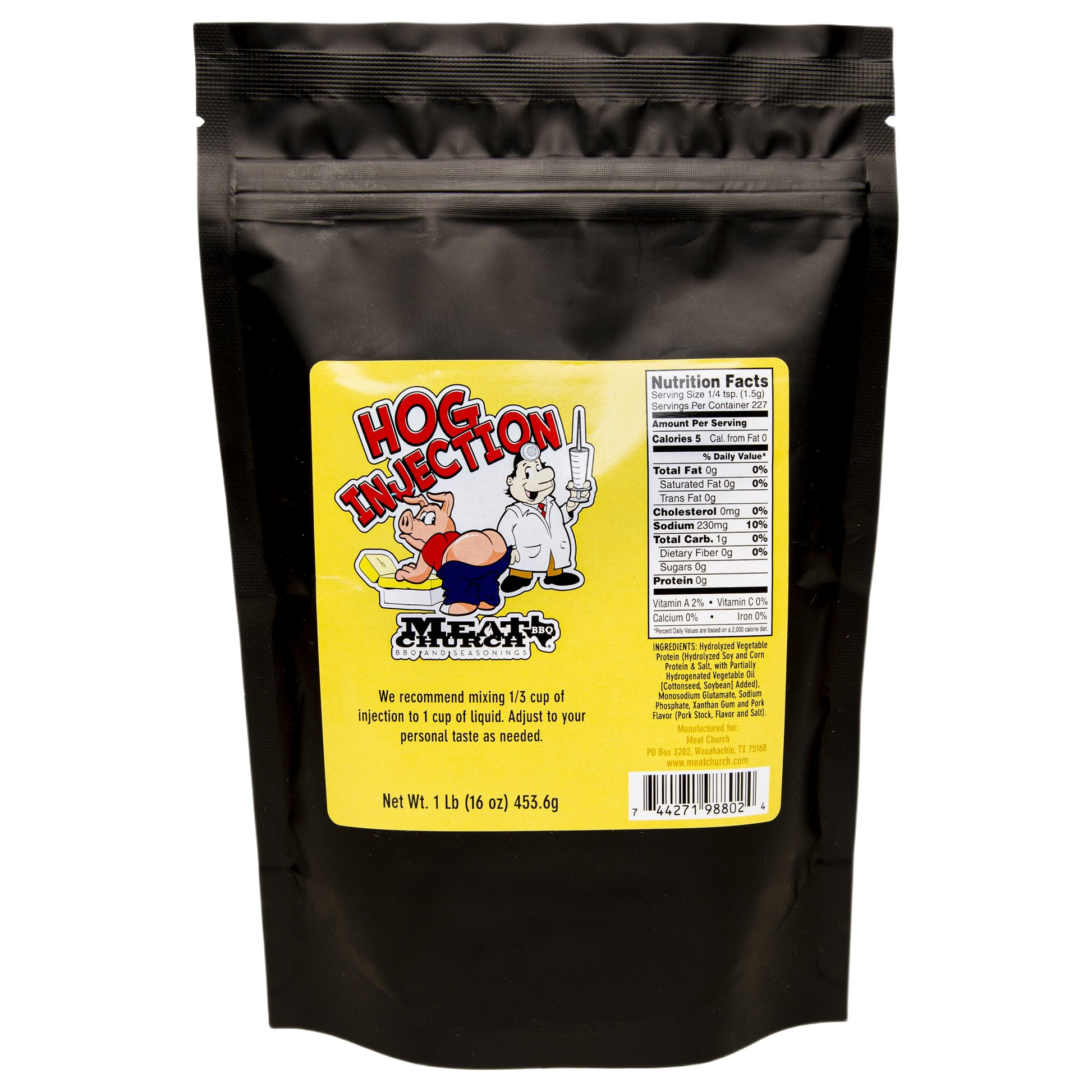 Black resealable pouch of pork injection seasoning with bright yellow label in grilling sauces and spices collection