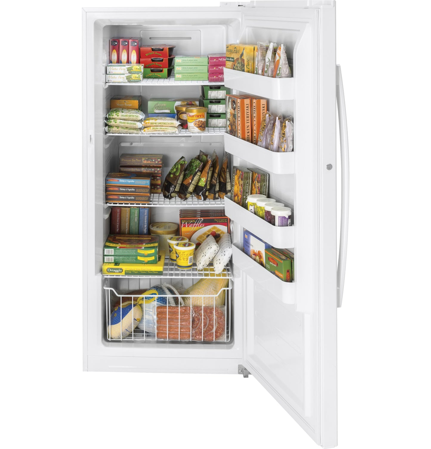 Open white upright freezer filled with organized frozen food packages on multiple shelves and door compartments