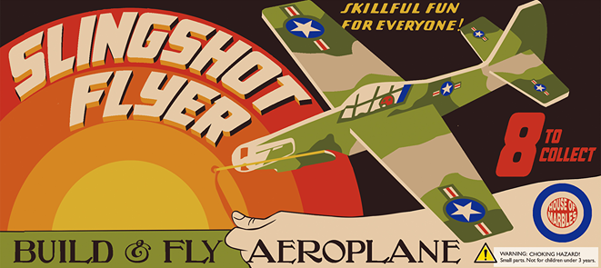 Vintage style illustration of hand launching green military airplane model with text promoting slingshot flyer aeroplane kit