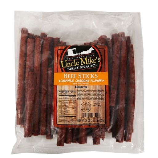 Clear package of Uncle Mike's gluten-free chipotle cheddar beef sticks from Chips & Snacks and Food & Beverage collections