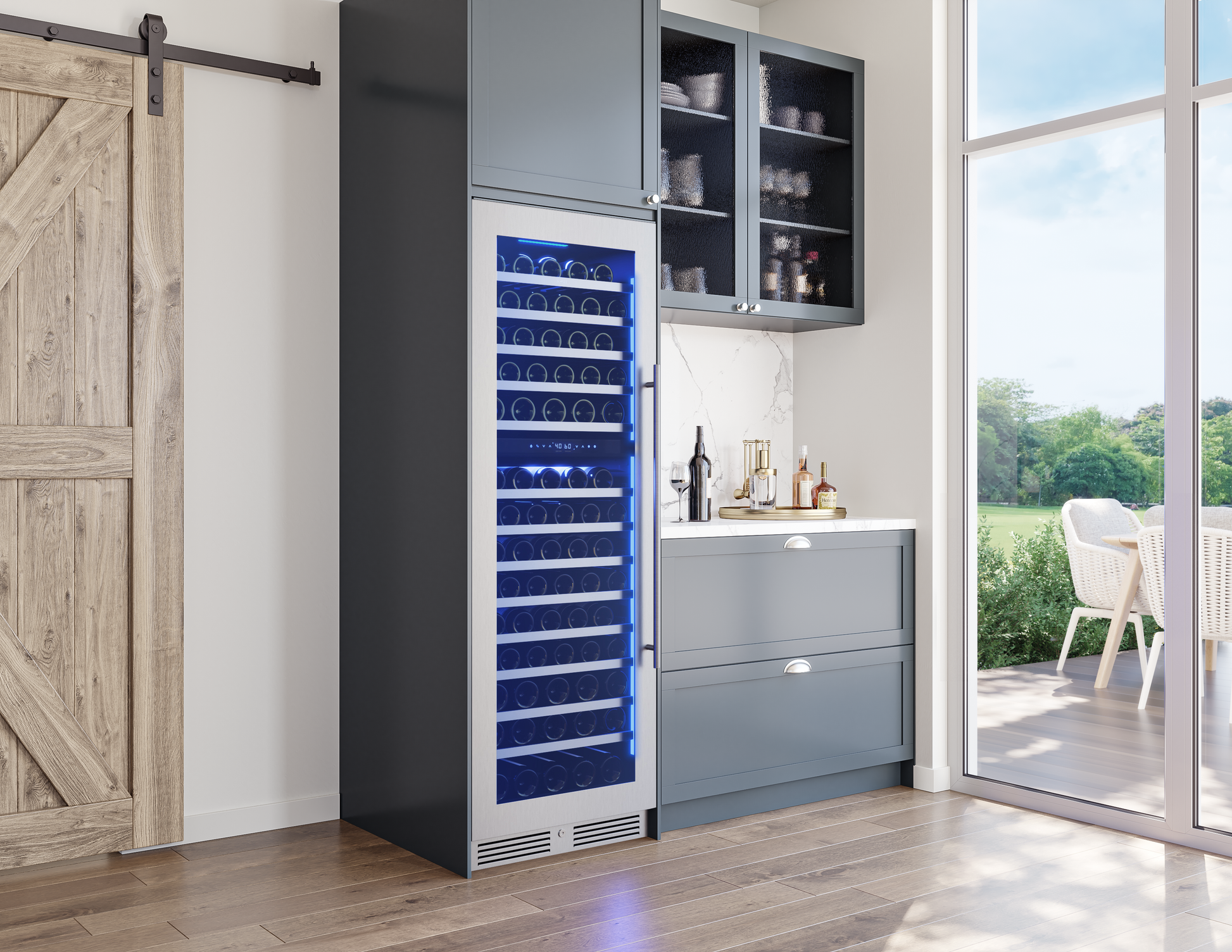 Modern full-size dual-zone wine cooler with stainless steel frame and blue interior lighting in a kitchen setting