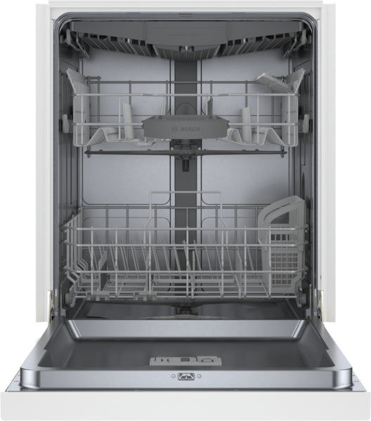 Open white Bosch dishwasher interior with adjustable racks and utensil holder from kitchen appliances collection