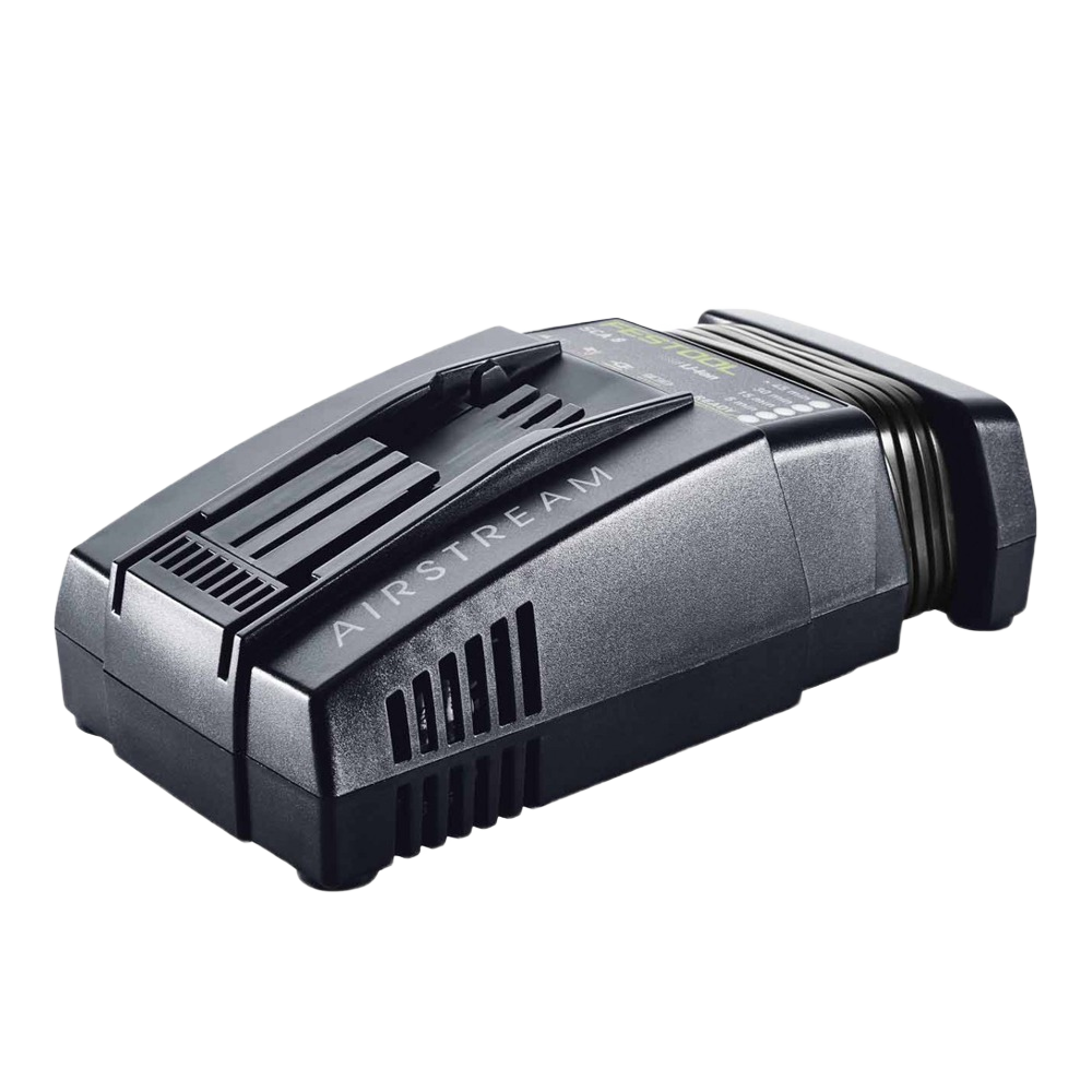 Compact black Festool quick charger with AIRSTREAM technology, ideal for battery charging in power tool accessories collections under $100