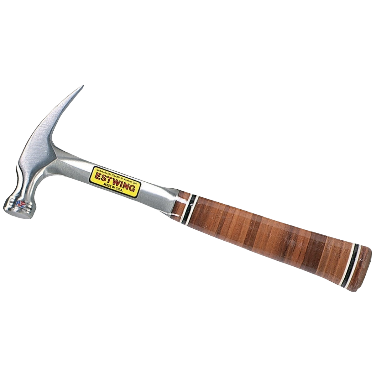 Claw hammer with steel head and layered leather-wrapped handle for durability in home improvement projects