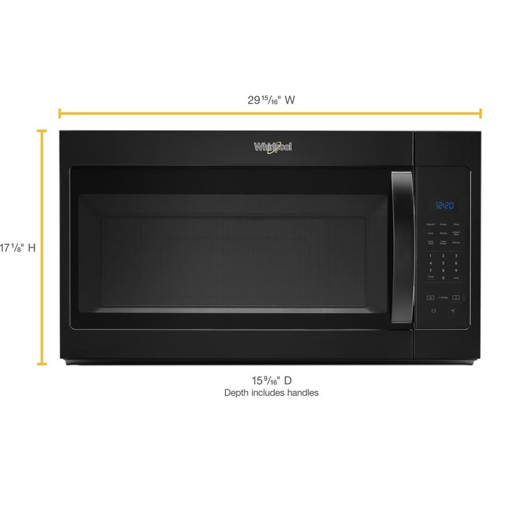 Black over-the-range Whirlpool microwave with electronic touch controls and digital display from kitchen appliances collection