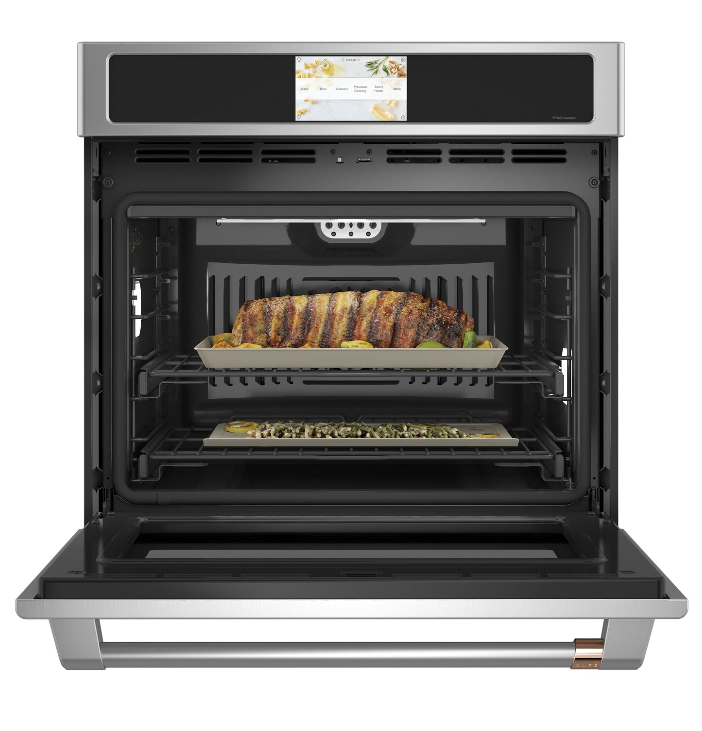 Built-in stainless steel convection wall oven with food cooking inside, part of Kitchen & Kitchenware and Appliances collections