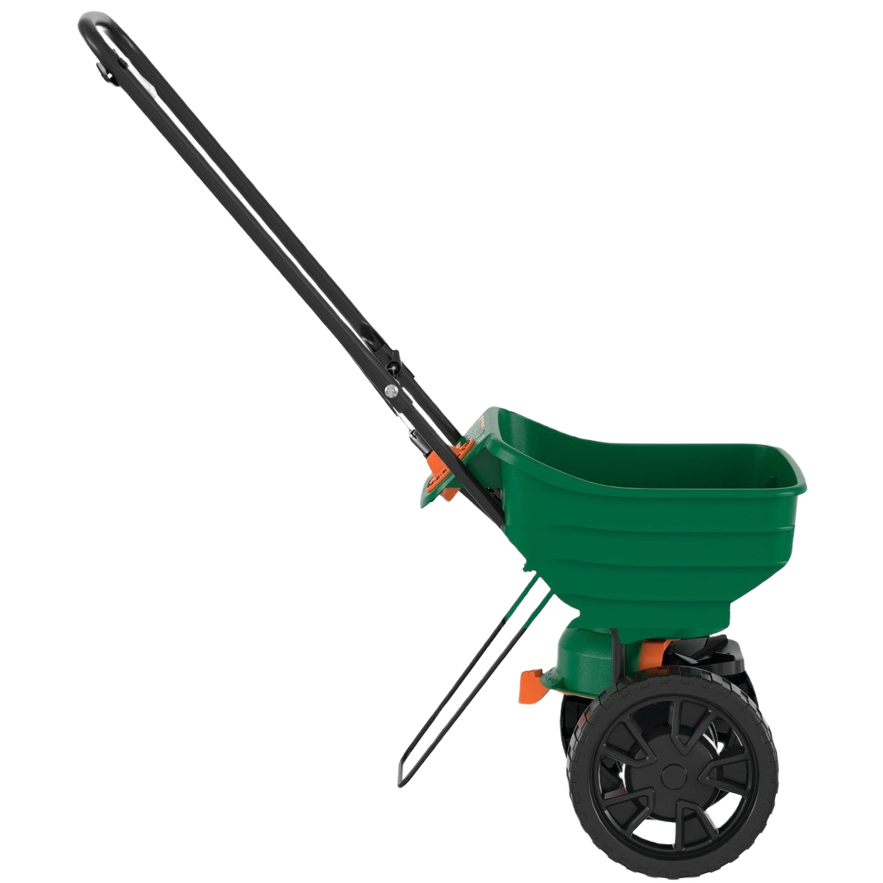 Green lawn spreader with black handle and wheels for precise small-area seed and fertilizer distribution in lawn care tools
