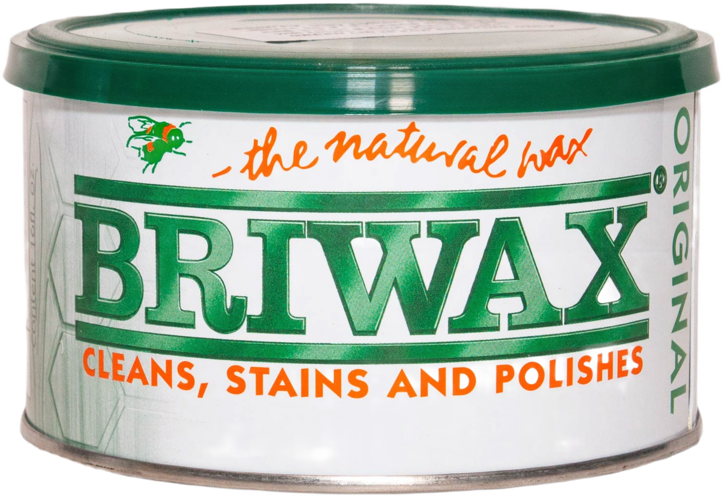 Round metal tin of Briwax natural finishing wax for wood cleaning, staining, and polishing in home improvement collection