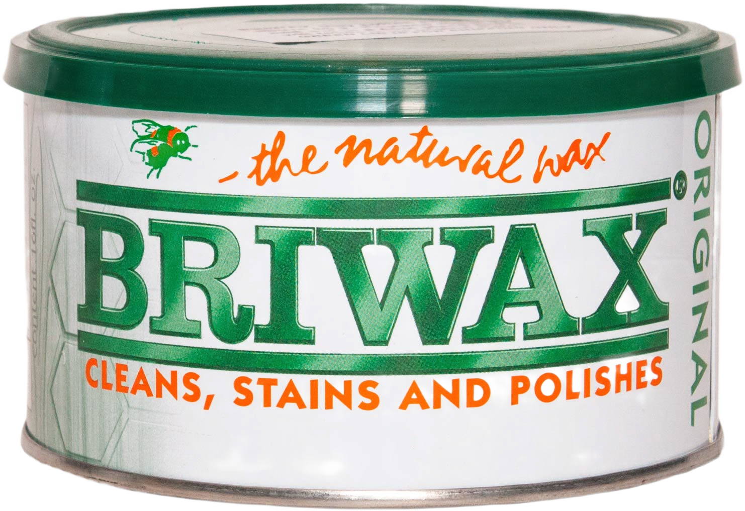 Round metal tin of Briwax natural finishing wax for wood cleaning, staining, and polishing in home improvement collection