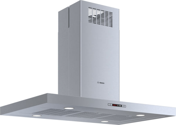 Stainless steel island range hood with integrated lights and vent grille in Bosch kitchen appliances collection