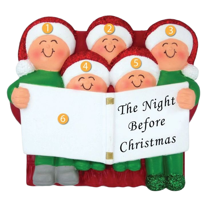 Festive ornament showing five smiling people in Santa hats reading "The Night Before Christmas" for holiday decor