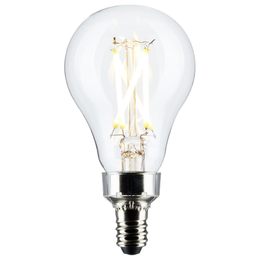 Clear A15 LED light bulb with warm white filament and candelabra base for energy-efficient lighting in home improvement projects