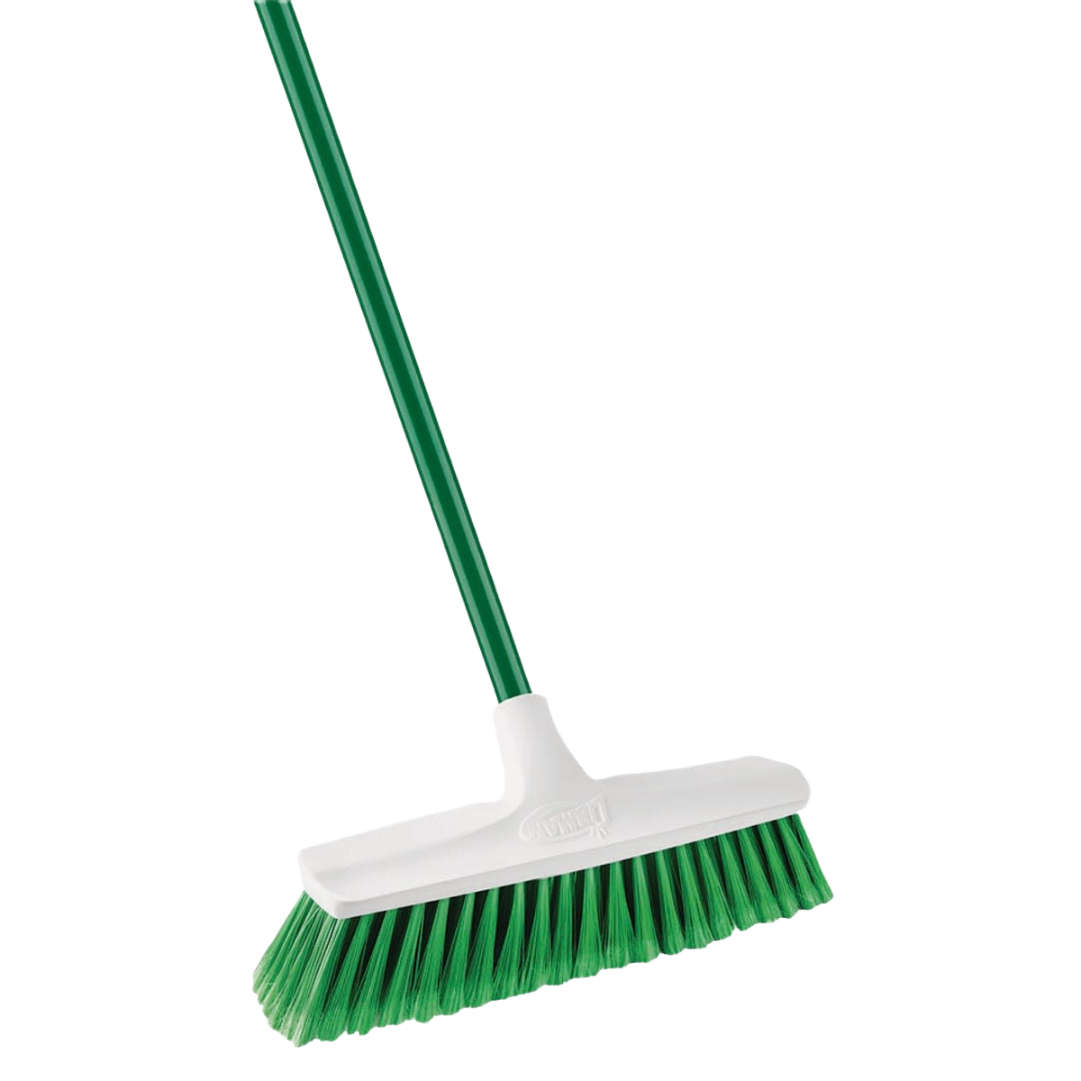 Green bristle push broom with steel handle for indoor and outdoor cleaning in brooms and cleaning tools collections