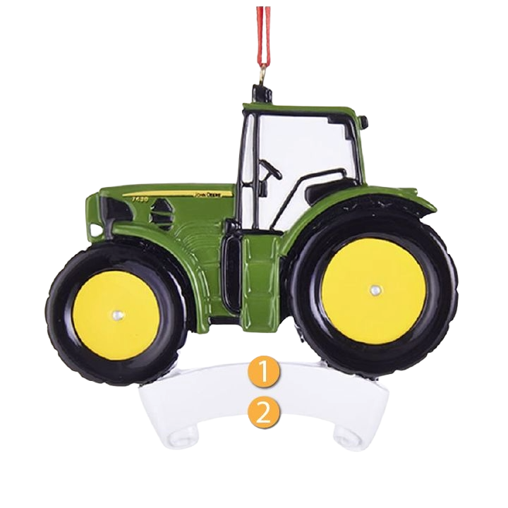 Green and yellow John Deere tractor ornament with red hanging ribbon in Christmas Ornaments & Tree Decorations collection
