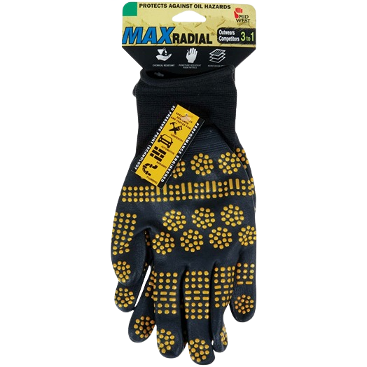 Black nitrile coated work glove with yellow grip dots designed for safety and home improvement tasks under $50 collections