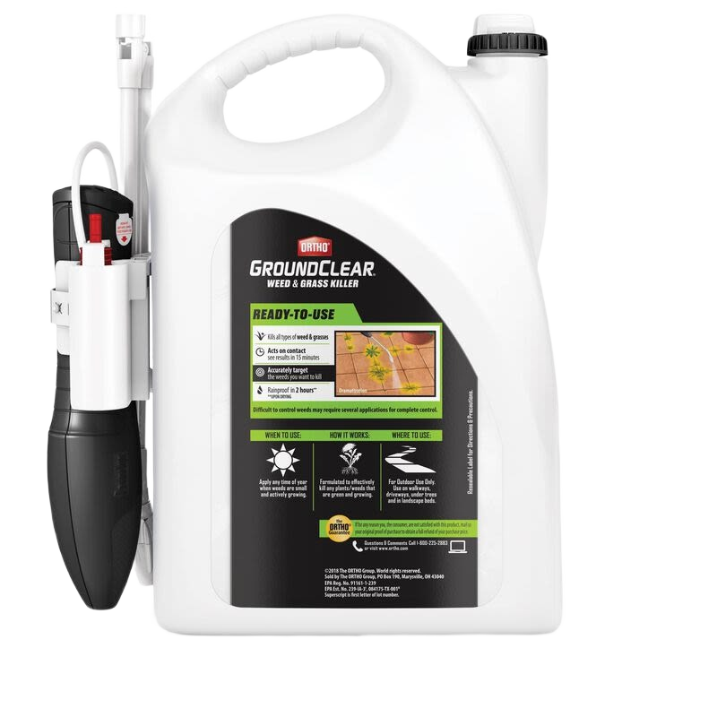 Large container of Ortho GroundClear fast-acting weed and grass killer spray with attached sprayer for lawn care under $100 collection