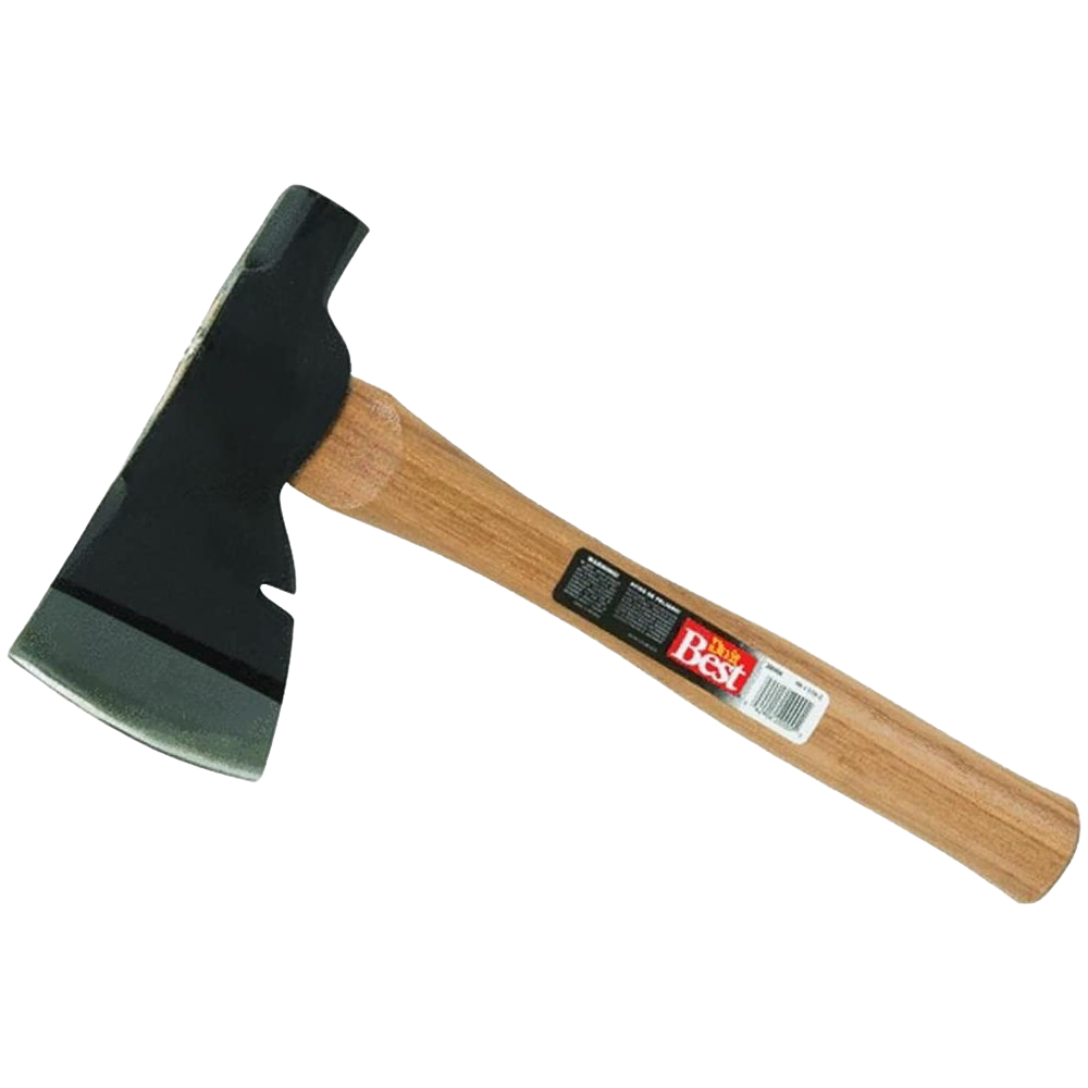 Half hatchet with a black forged head and 14-inch hickory handle for woodworking and home improvement tasks