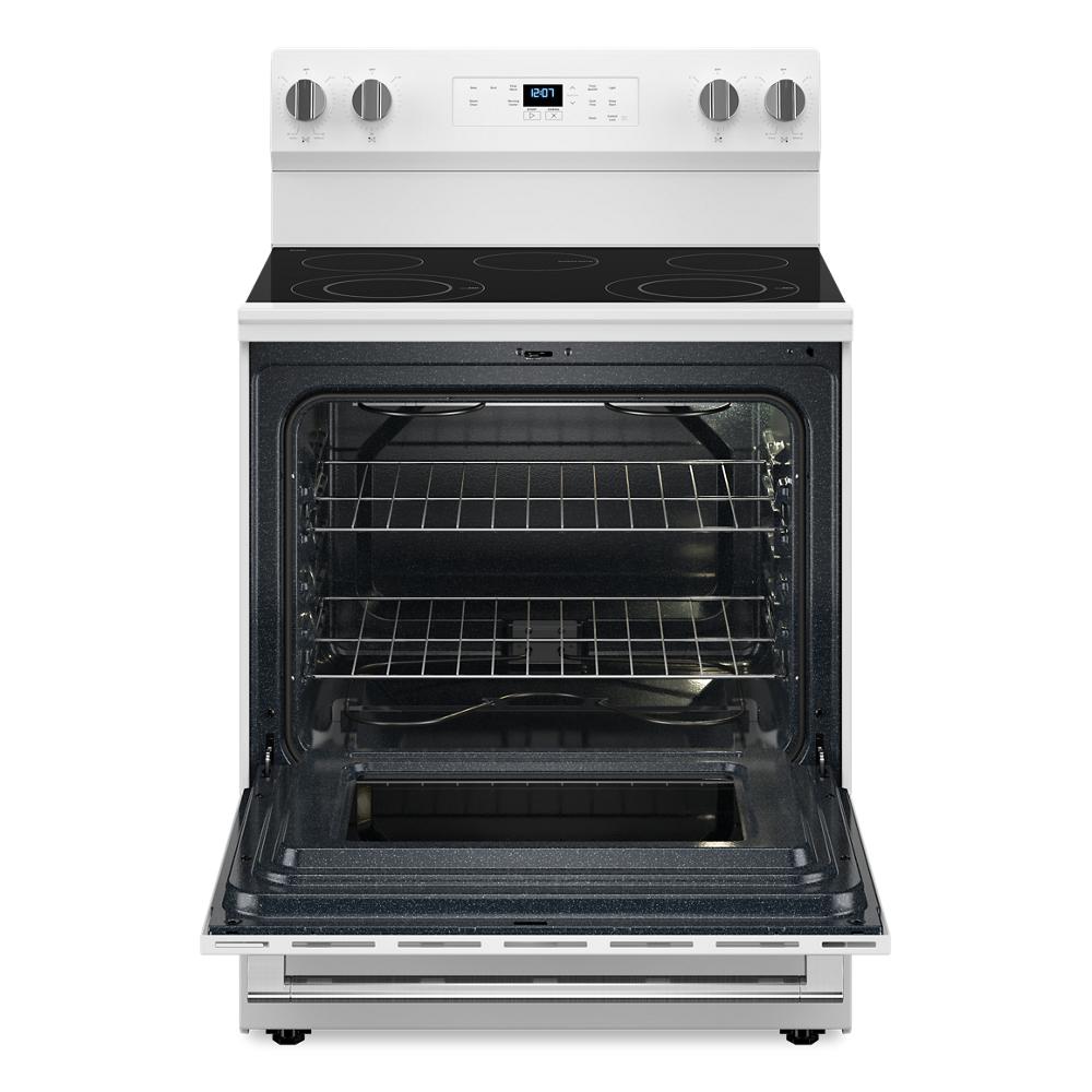 30-inch electric range with open oven door showing racks and smooth ceramic glass cooktop for kitchen appliances