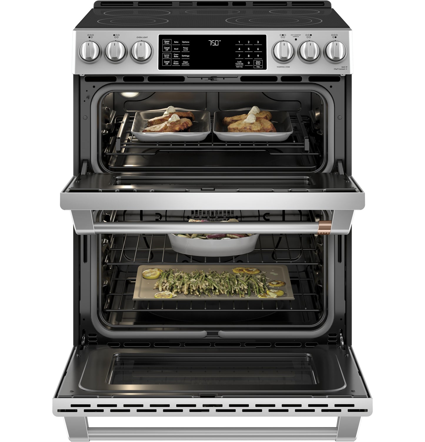 Stainless steel smart slide-in double oven range with radiant cooktop cooking multiple dishes in kitchen collection