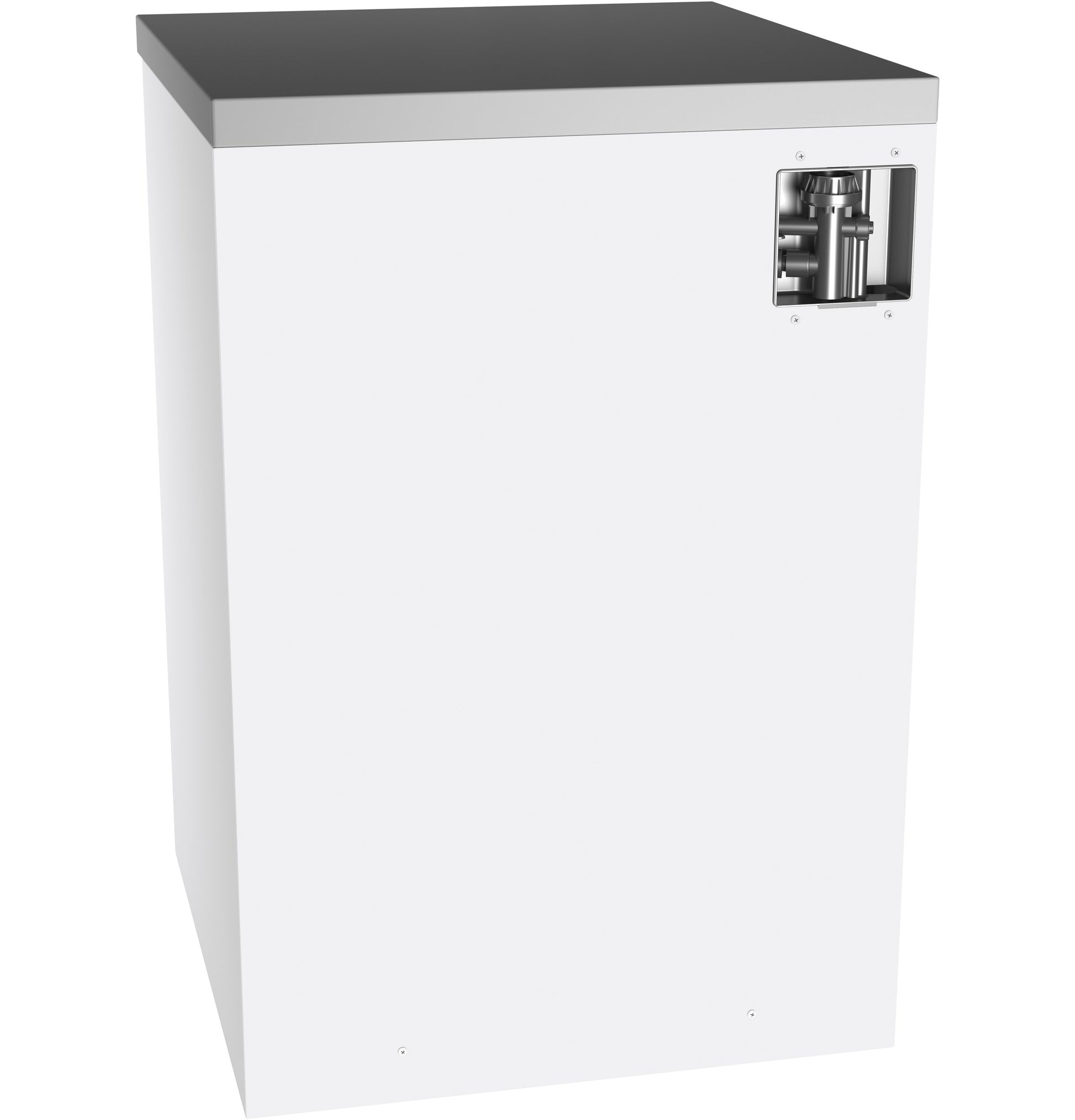 White portable dishwasher with stainless steel interior and visible filter system in kitchen appliance setting