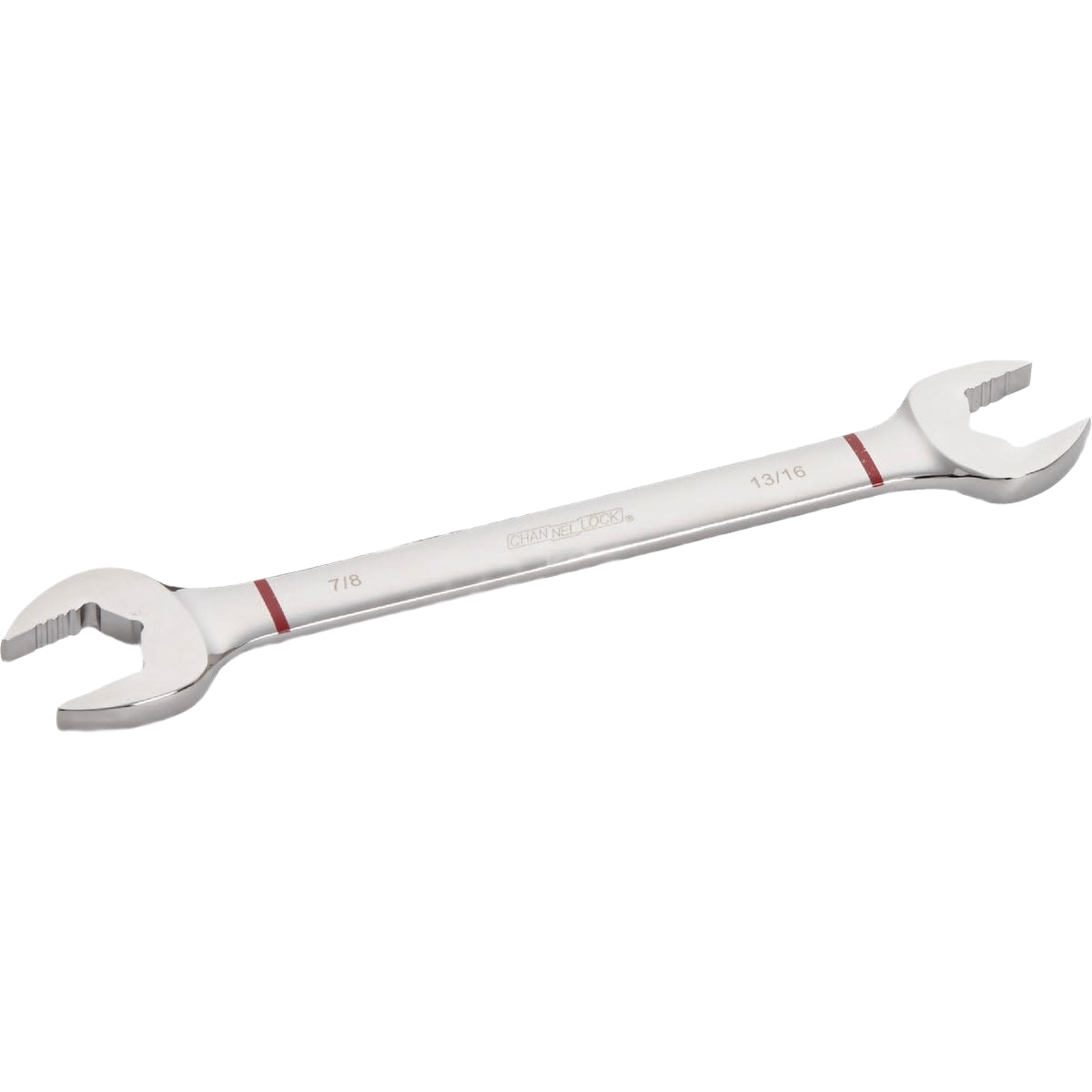 Double-ended chrome finish open-end wrench with 13/16 and 7/8 inch sizes for tools and home improvement tasks