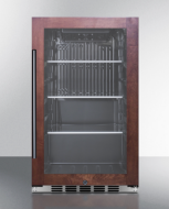 Slim indoor/outdoor beverage cooler with tinted glass door, stainless steel frame, and adjustable wire shelves for kitchen appliances