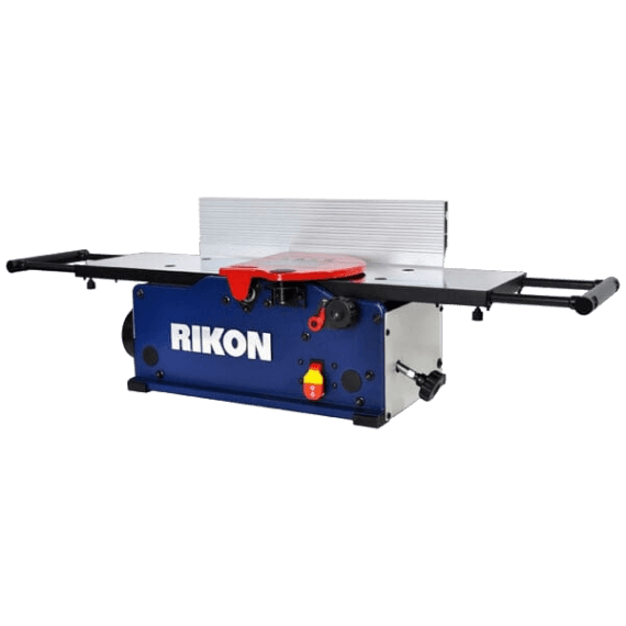Blue and white benchtop jointer with extended flat work surfaces and red insert cutter head for woodworking tasks