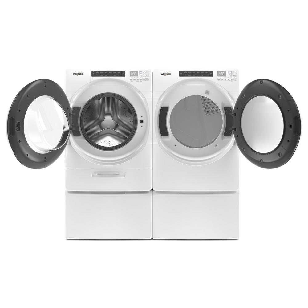 Front load white washer and electric dryer set with open doors and pedestal stands in modern laundry setup for appliances collection