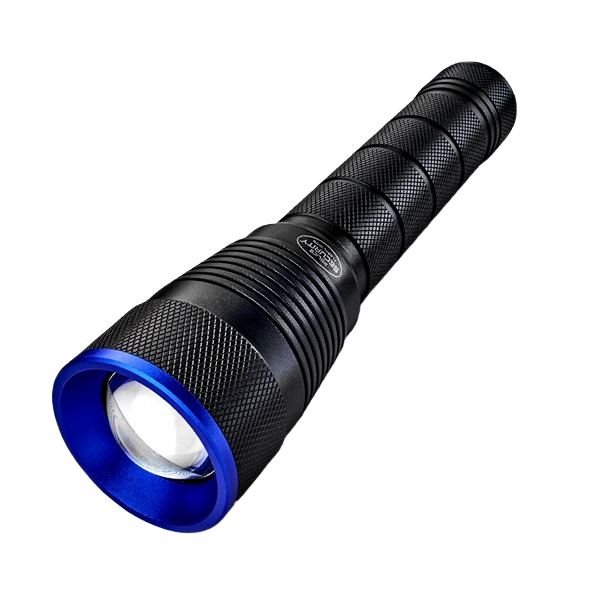 Black rechargeable flashlight with textured grip and blue bezel for tools and home improvement use