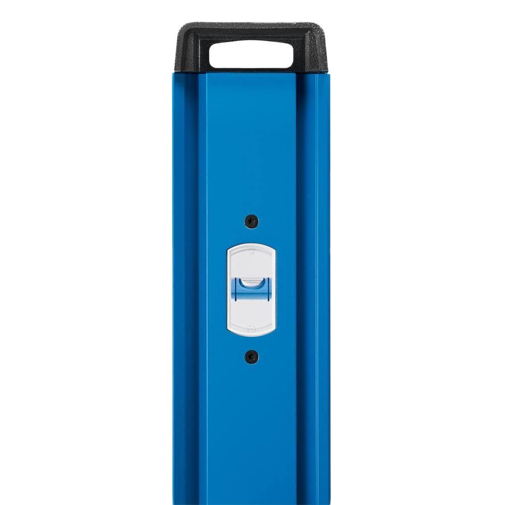 Close-up of blue extendable box level with centered vial for accurate leveling in woodworking and measuring tools collections