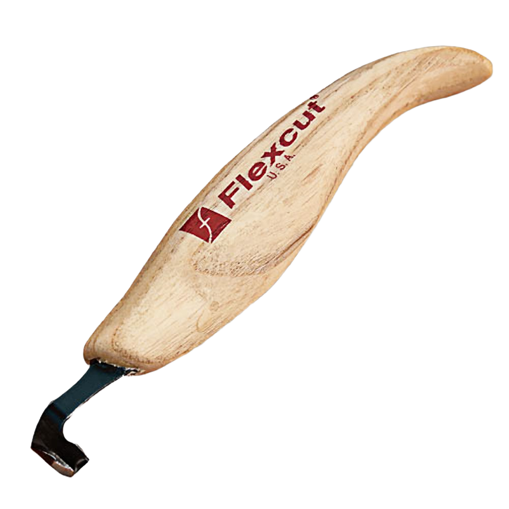 Ergonomic wooden-handled carving tool with curved metal V-shaped blade for detailed woodworking tasks