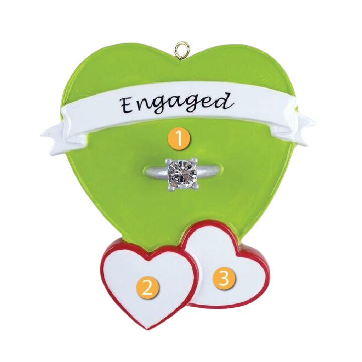 Green heart-shaped ornament with engagement ring and two smaller white hearts for Christmas decorations under 50 dollars collection