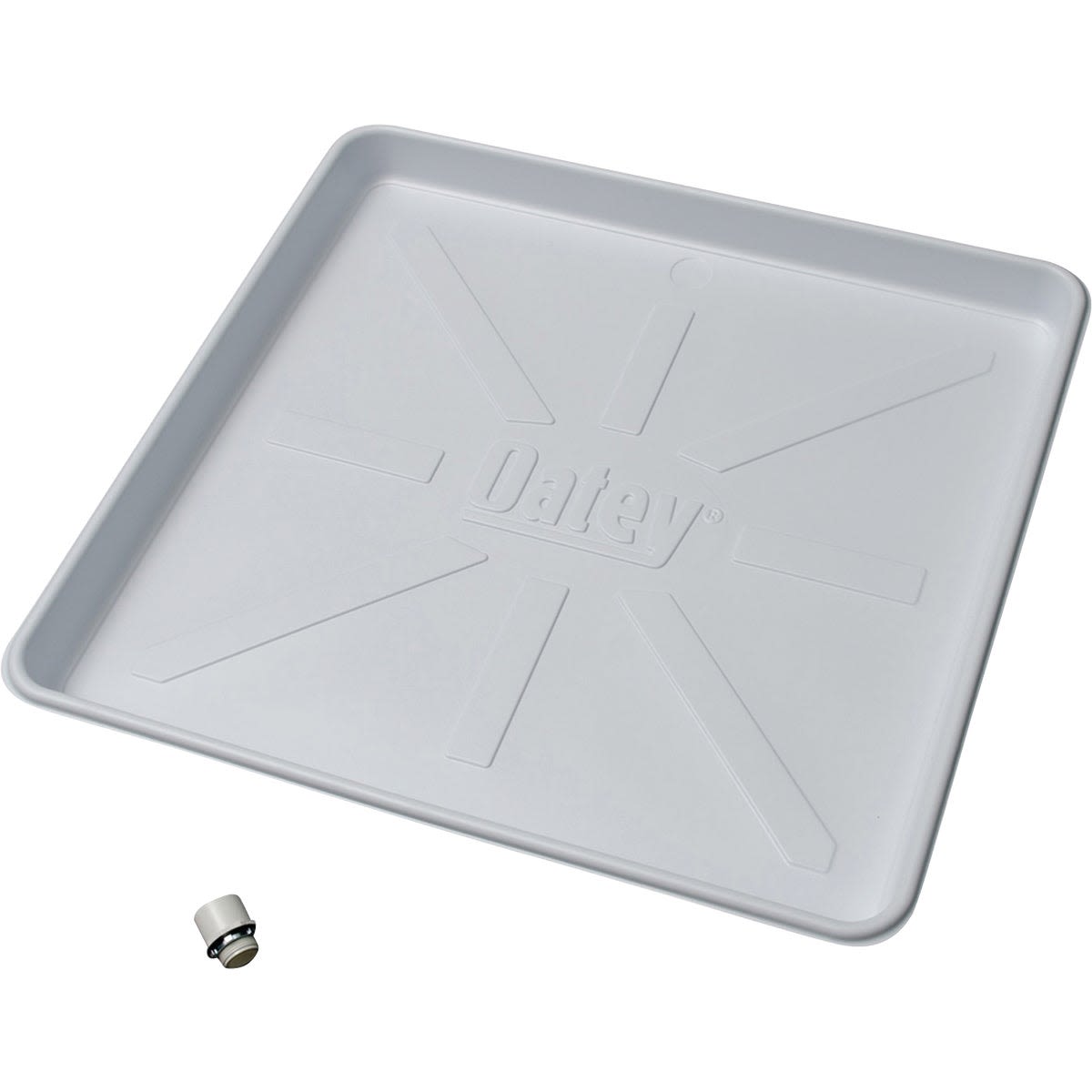 Square gray plastic washing machine pan with raised edges and a small white drain fitting for home improvement use