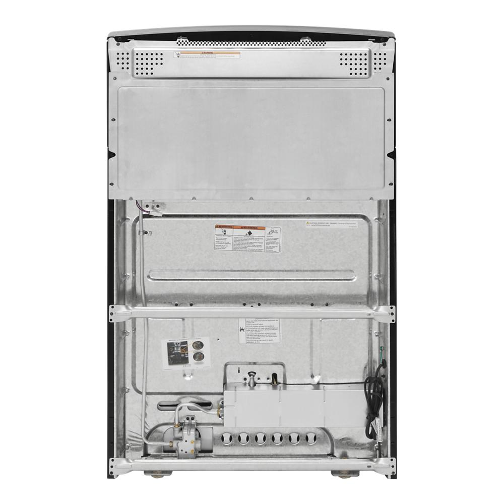 Rear view of a 30-inch gas range showcasing metal back panel and internal gas connection components in appliances category